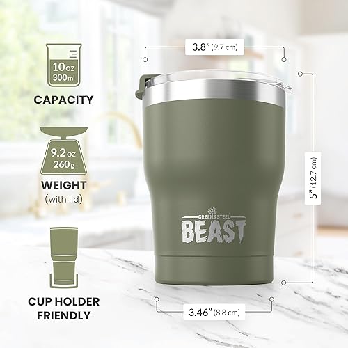Miniatura 6 de Beast - Vaso de acero inoxidable con aislamiento al vacío para café, taza de hielo, termo de viaje de doble pared (verde militar)