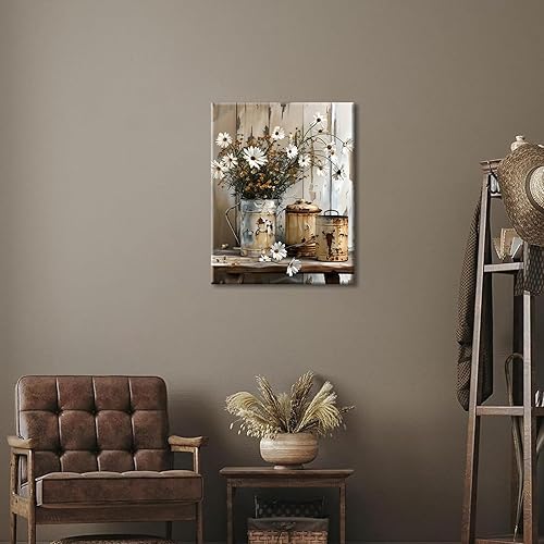 Miniatura 3 de Lienzo rústico con margaritas y margaritas, arte para pared, cuadro de flores de campo neutro, decoración de pared, pinturas de grano de madera,