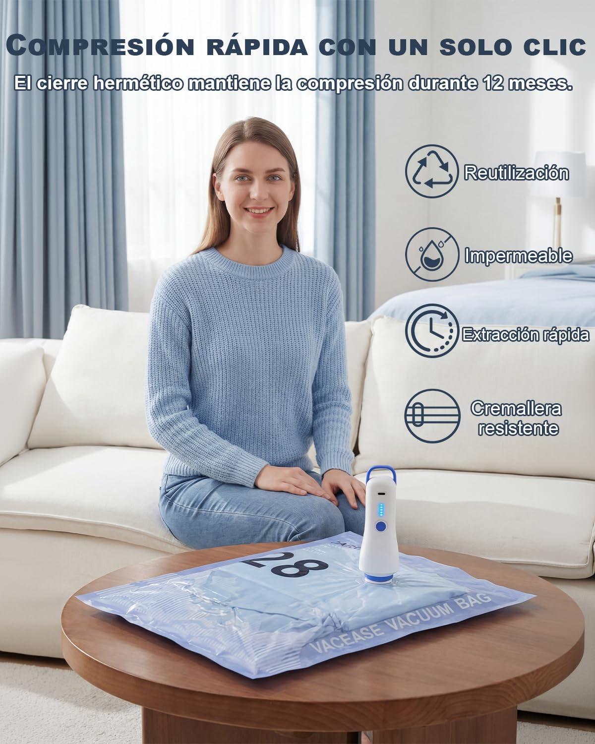 Paquete de 12 bolsas de almacenamiento al vacío (4 de 100 x 80 cm, 4 de 74 x 54 cm y 4 de 64 x 47 cm) con bomba eléctrica y doble cremallera, impermeables y herméticas. — view 5