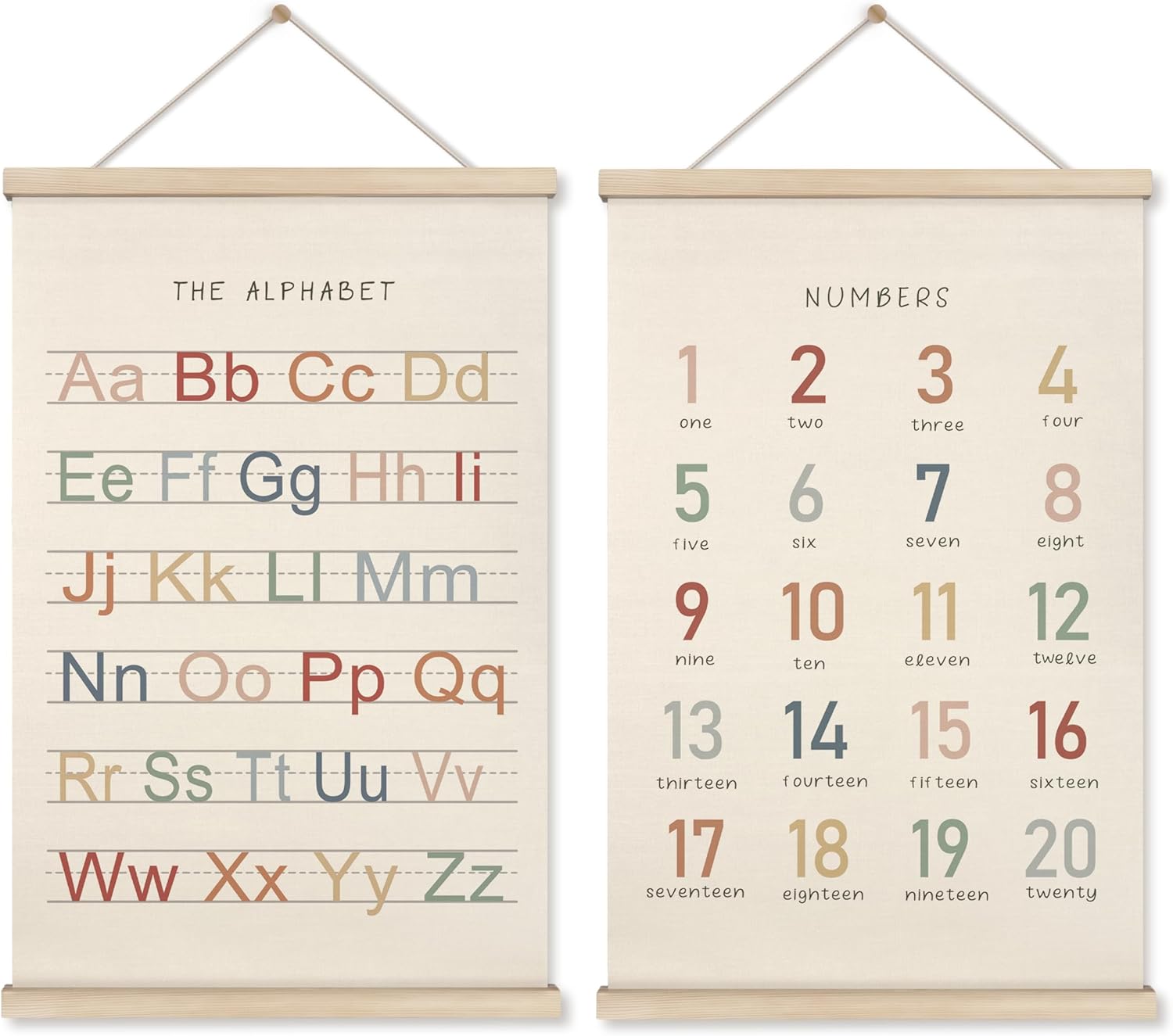HRQKO Alphabet Numbers Poster Hanger Frame Set of 2, Nursery Wall Decor, Boho ABC Poster Wall Art with Wooden Frames, Alphabet Banner Wall Hanging Decor for Toddler Playroom Nursery, 16x24 Inch 16X24 Big Alphabet & Numbers