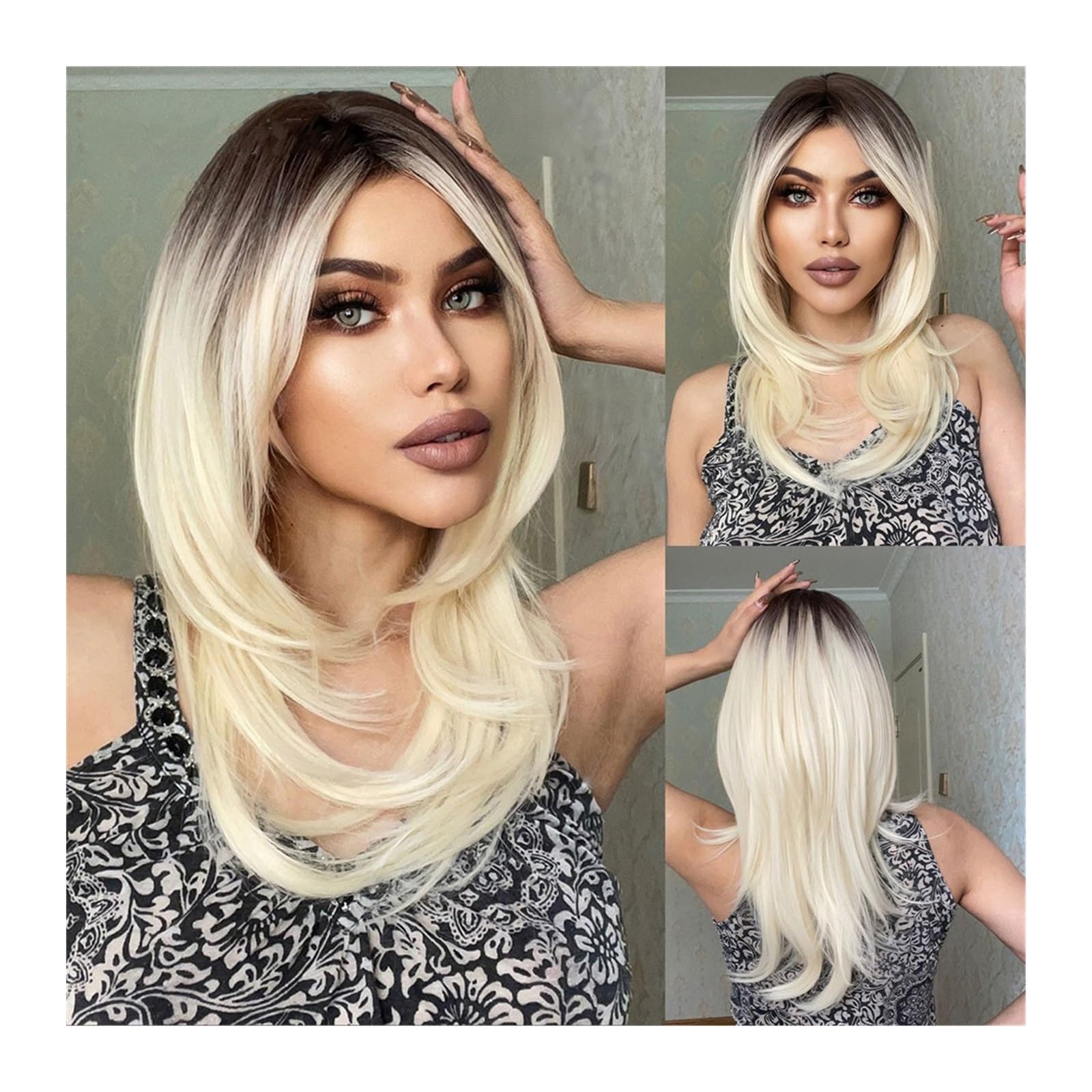 Peruki damskie Peruki syntetyczne Długie proste Platynowy blond Ombre Peruki z grzywką dla kobiet Codzienny Cosplay Impreza Włosy warstwowe Peruka Termoodporny Peruki z włosami zastępczymi