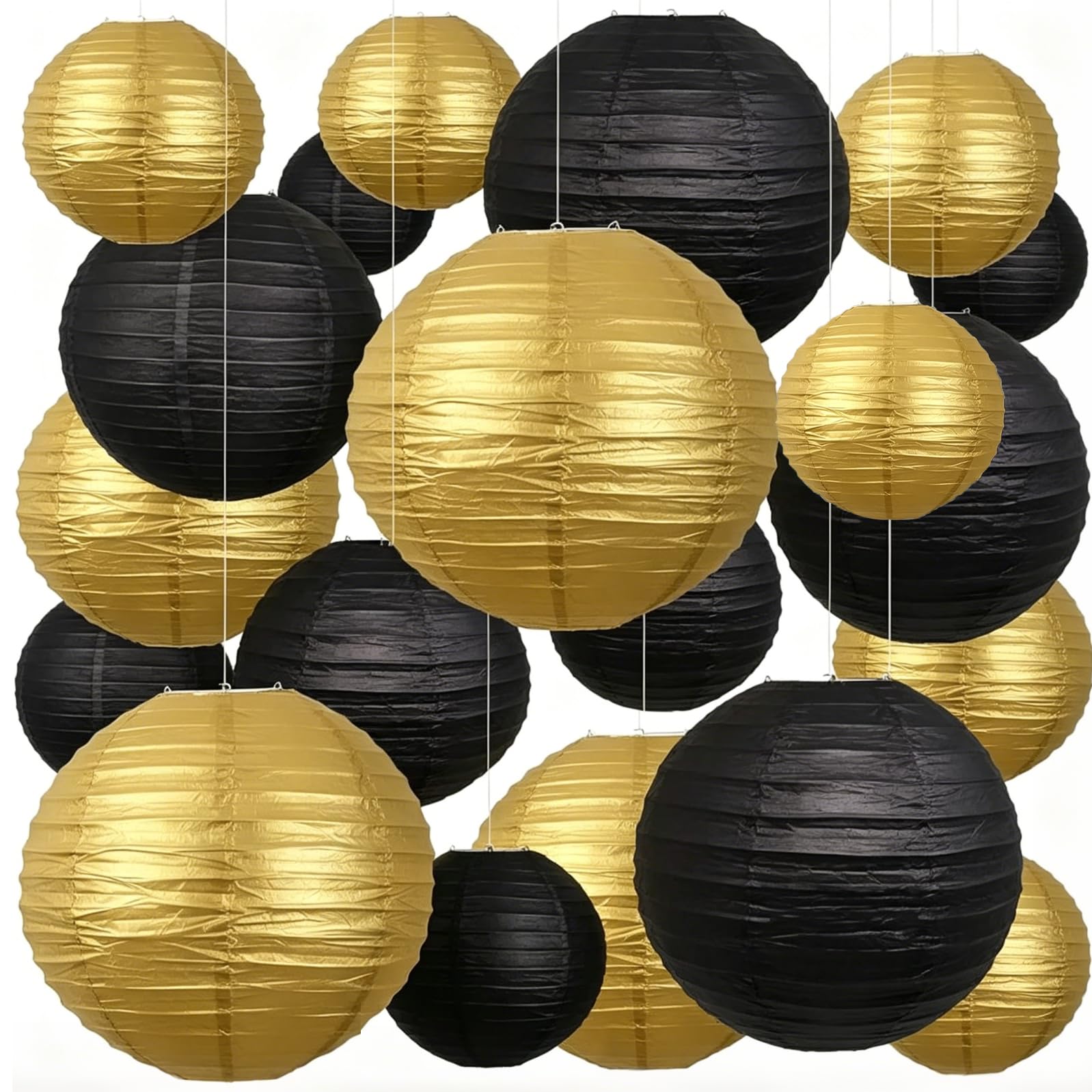 Black and Gold Paper Lanterns 6/8/10 Inches Round Hanging Paper Lanterns Decorations for Wedding Graduation Birthday Party Bridal Shower/20 Pcs โ image 1