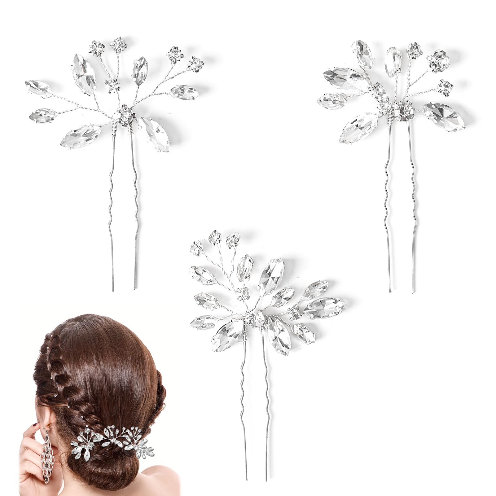 3 Piezas Horquillas de Novia, Broches para el Pelo de Novia de Cristal, Tocados de Pelo Boda, Tocados de Pelo Boda con Flores en Forma de U Horquillas para el Pelo Mujer en Pedrería