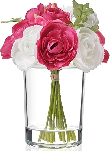 Ramo de flores artificiales de peonía en jarrón, flores sintéticas con jarrón, arreglos florales de seda rosa, peonías en jarrón de vidrio para