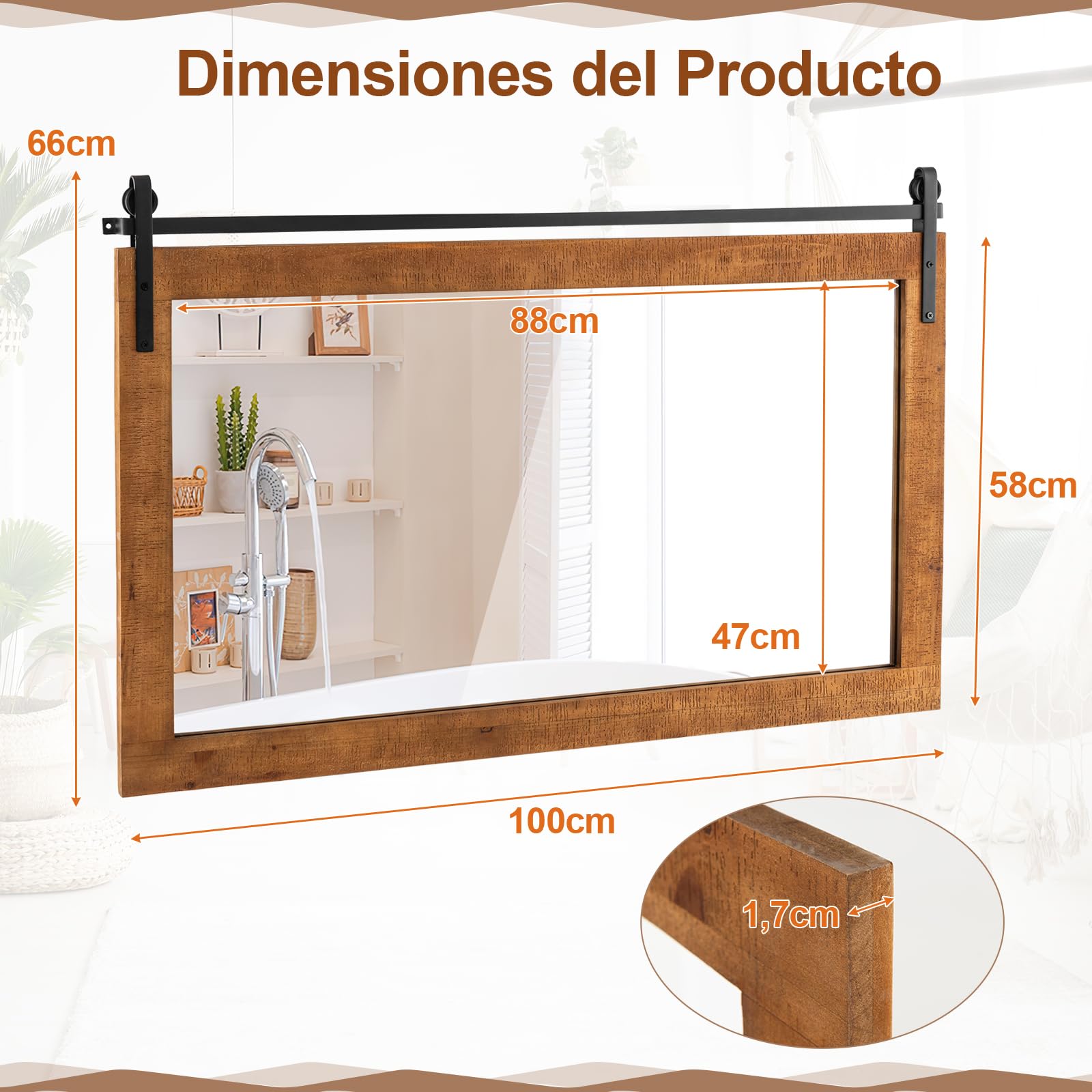 COSTWAY Espejo Decorativo de Pared Horizontal, Espejo Rectangular de 100x66 cm con Marco de Madera Maciza y Soporte Metálico, Estilo Rústico de Granja, Ideal para Salón y Dormitorio (marrón)
