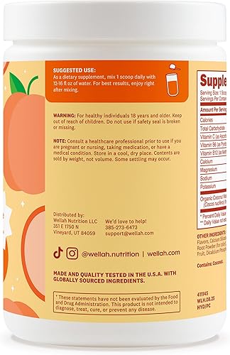Miniatura 3 de Wellah Electrolytes Powder (Peach Clementine) 50 porciones - Mezcla de bebida hidratante, 7 vitaminas y minerales, cero azúcar
