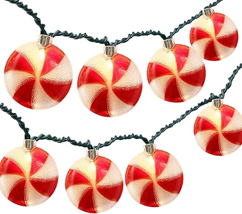 Guirnalda de luces de Navidad de 8.5 pies, cadena de luces colgantes de Navidad con 10 luces redondas rojas y blancas, luces de hadas de caramelo