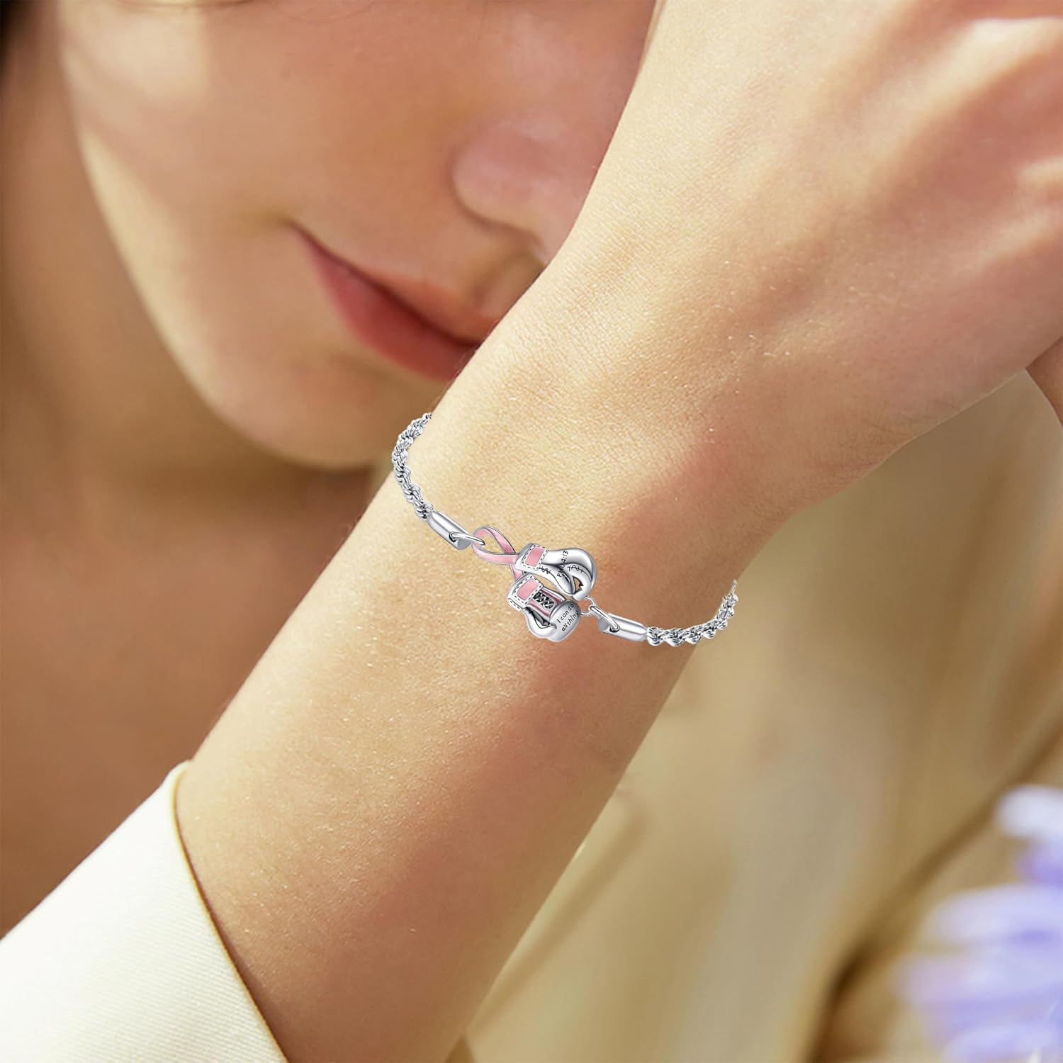 Breast Cancer Bracelet 925 Sterling Silver Pink Boxing Gloves Bracelets Breast Cancer Awareness Survivor Jewelry Gift for Women Mom Grandma