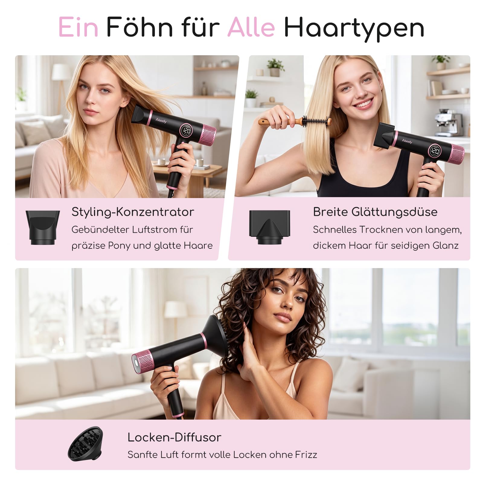 AISEELY Ionen Haartrockner 1800W, Föhn echte 110.000 U/min Schnelltrockner