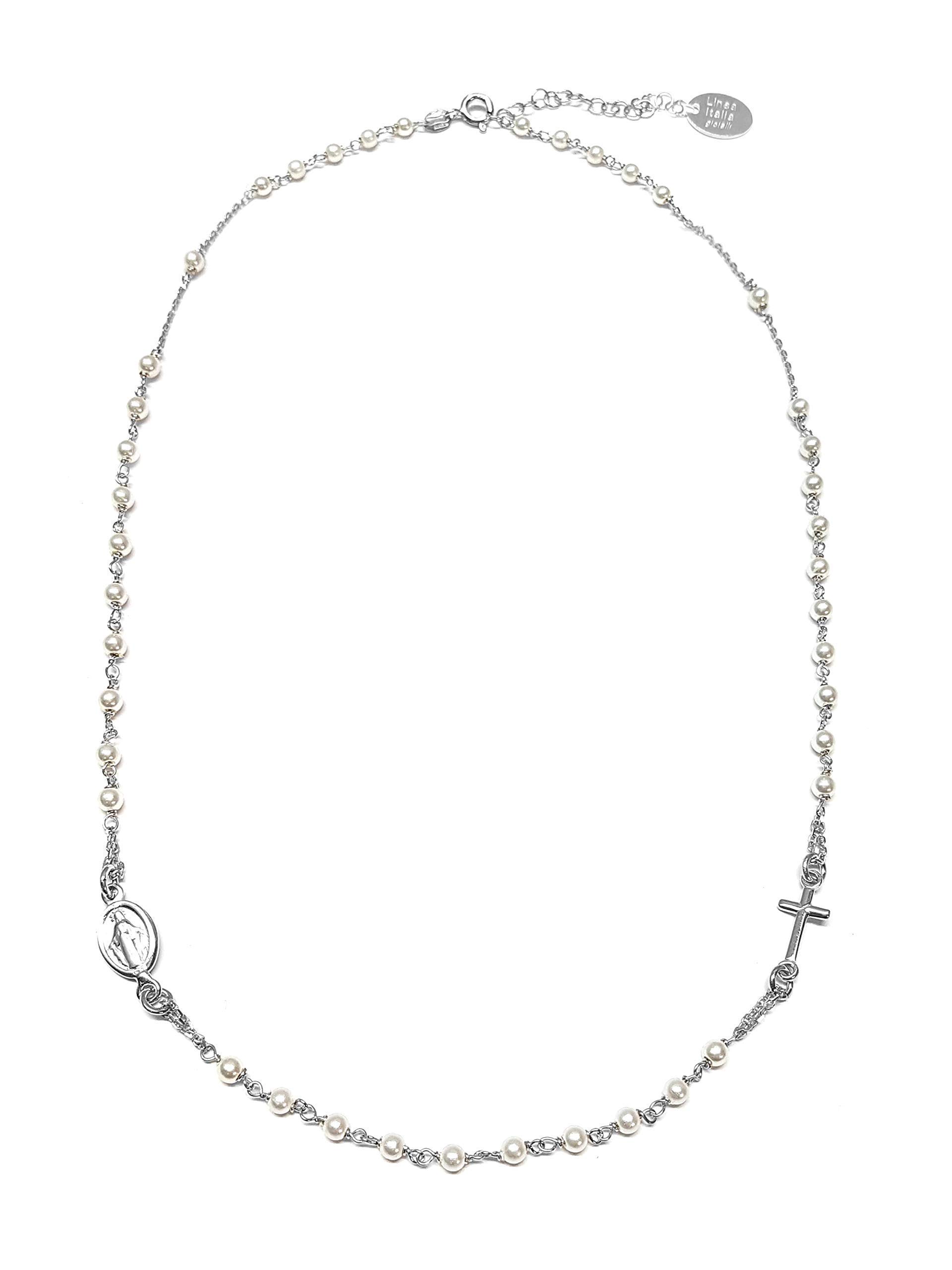 Linea Italia Gioielli - Collana Rosario Girocollo in Argento 925 con Perline Bianche, Croce e Medaglietta Madonna - Made In Italy