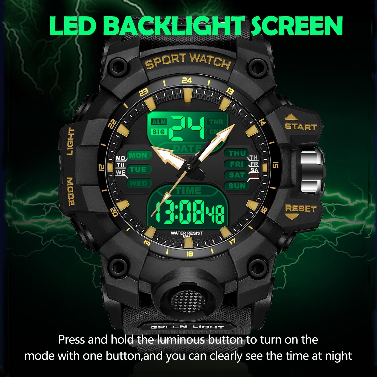 findtime Montre numérique pour Homme - Montre Tactique d'extérieur Militaire - Grand Cadran - Étanche jusqu'à 5 ATM - Chronomètre - Compte à rebours - Alarme - Rétroéclairage LED - Résistante aux