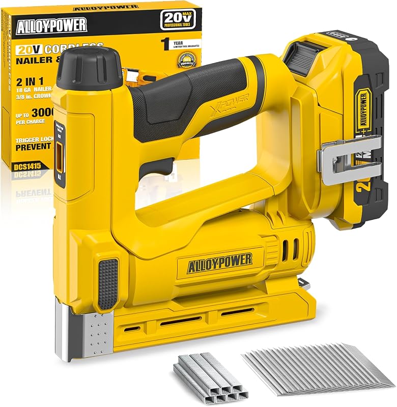 ALLOYPOWER Grapadora de corona de 3/8 pulgadas, calibre 18 2 en 1, clavadora/grapadora eléctrica inalámbrica con batería de 2,0 AH y cargador, pistola de clavos alimentada por batería con 2000 grapas y clavos para tapicería y bricolaje familiar