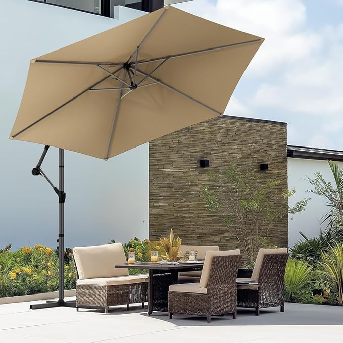 VOUNOT® Ombrellone da Giardino, Diametro 3M, Ombrellone Decentrato Parasole, con Base a Croce, Protezione UV, Cachi