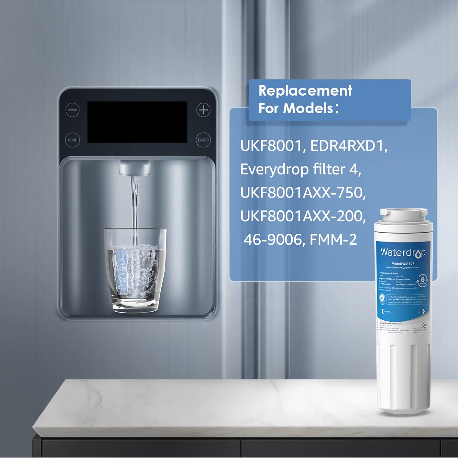 Waterdrop UKF8001 Refrigerator Water Filter 4, Replacement for Whirlpool® EDR4RXD1, EveryDrop® Filter 4, Maytag® UKF8001AXX-750, UKF8001AXX-200, 46-9006, Puriclean II, WF-UKF8001, 4 Filters