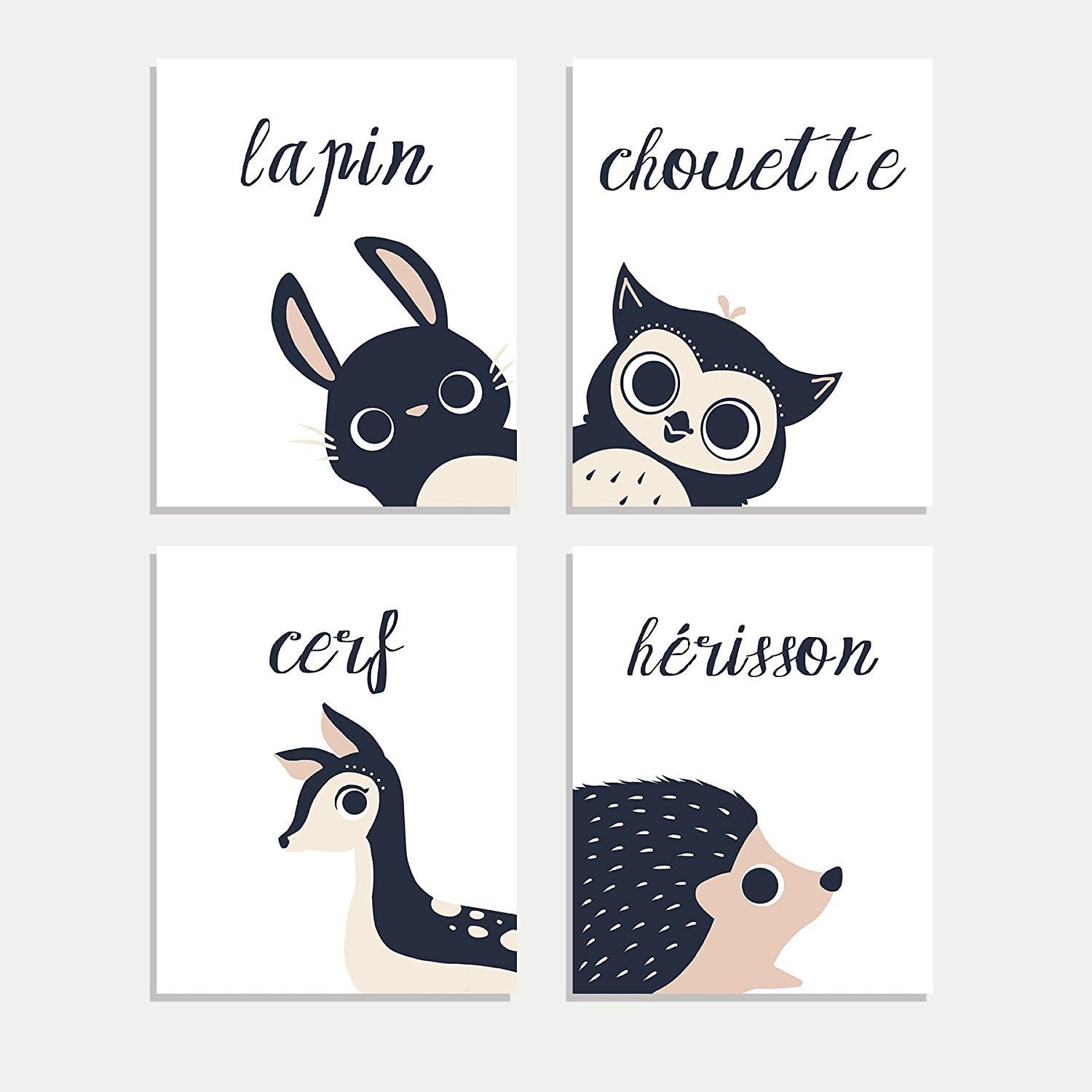 Peeking Animal Collection in French, Children's Wall Art, Set of Four 24x36 Inch Print, Forest Nursery, Gender Neutral Nursery, Rabbit, Deer, Owl, Hedgehog, Woodland Nursery, Kids Room