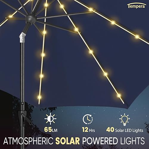 Miniatura 2 de Tempera Sombrilla de mesa para patio de 10 pies con luz LED solar con botón de inclinación y manivela, con poste resistente y toldo resistente a la