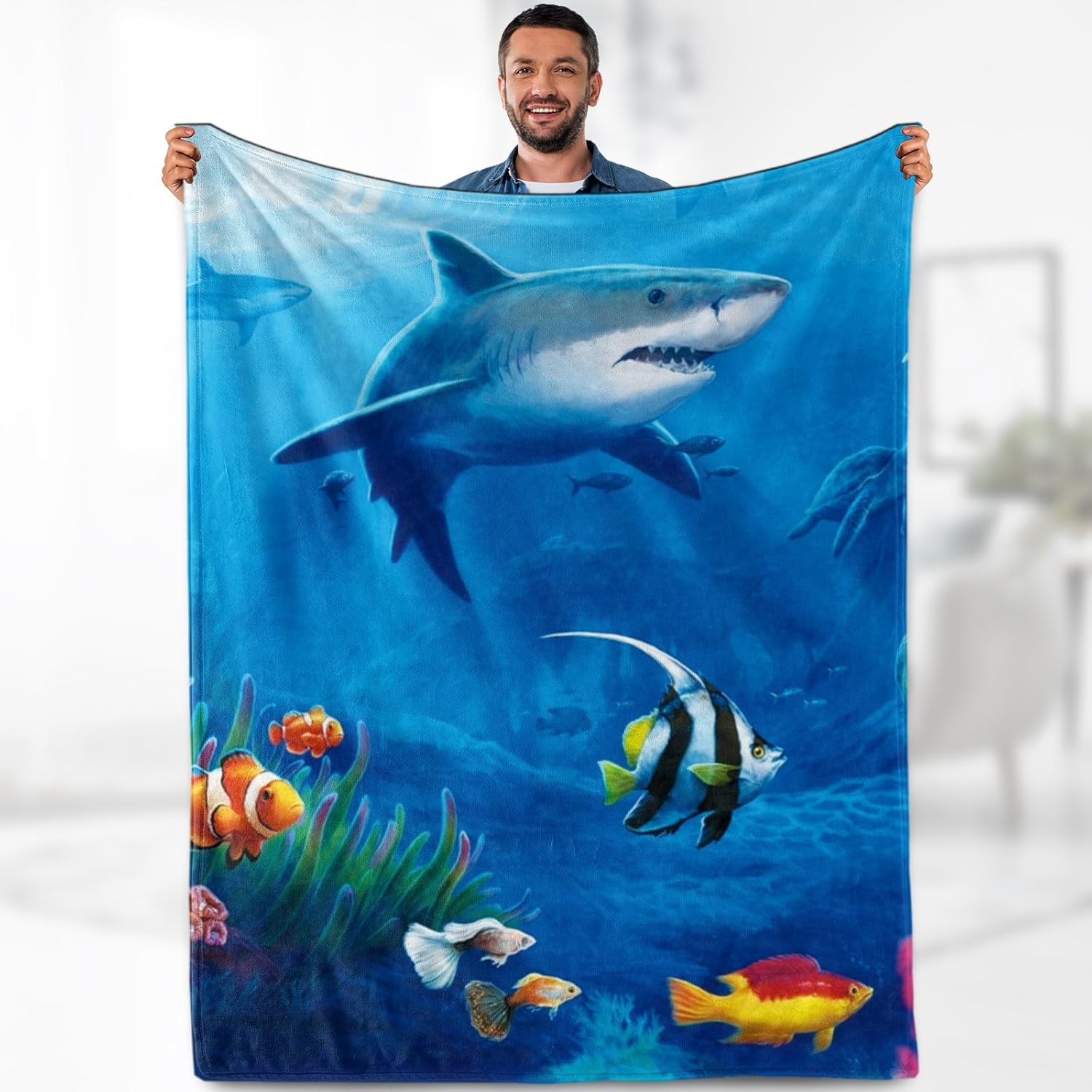 Shark Blanket Gifts for Boys Kids – Nautical Ocean Animal Lover Throw for Women Girls Men Adults Bedroom Living Room Decor Soft Fuzzy Fleece Cozy Bed Birthday Christmas Lightweight Blanket 50″x60″