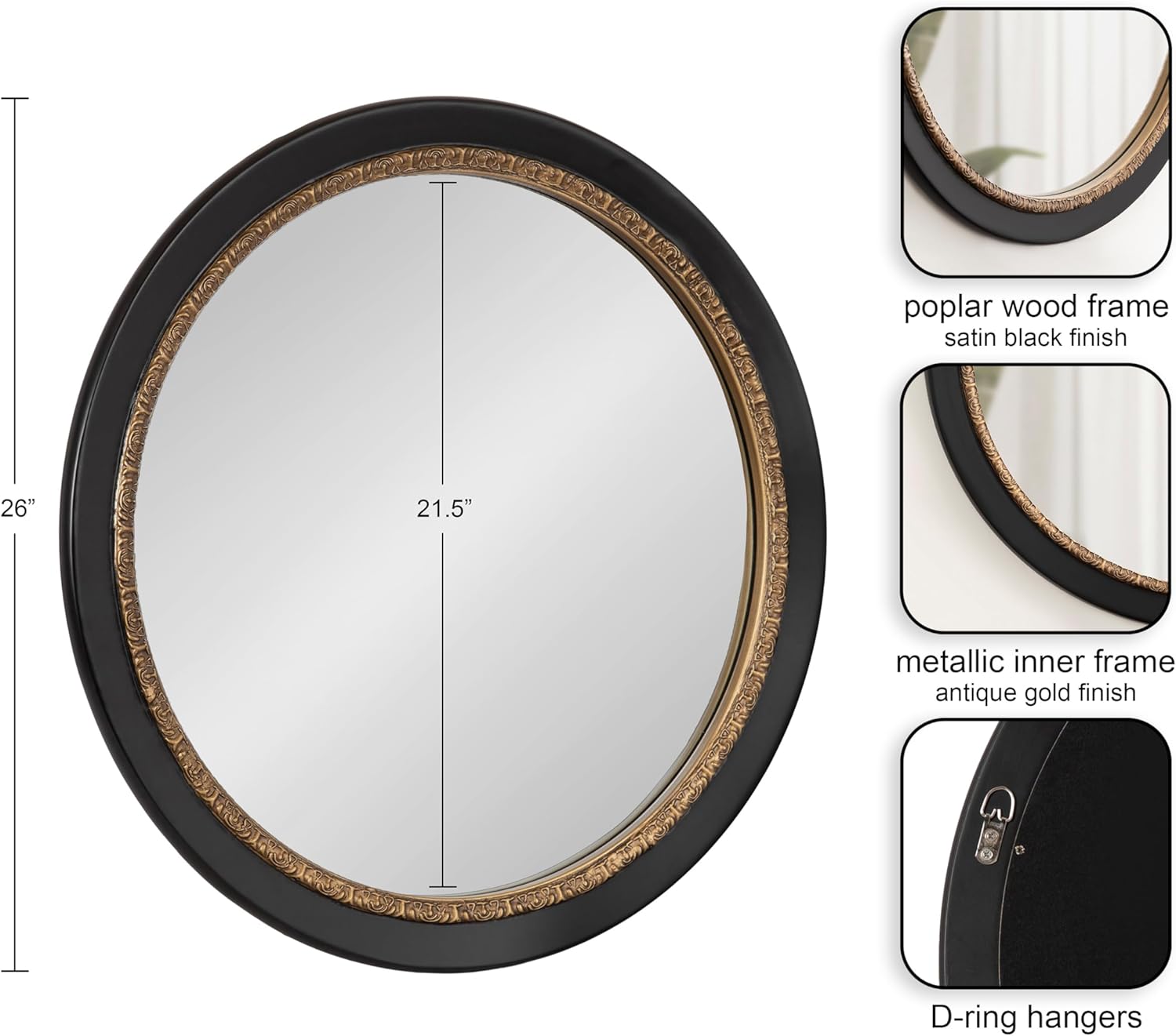Kate and Laurel Wildomar Decorative Ornate Round Mirror; 26 Inch Diameter; Black; Traditional Ornate Circle Mirror with Carved Detail Design for Bathroom Mirror for Over Sink