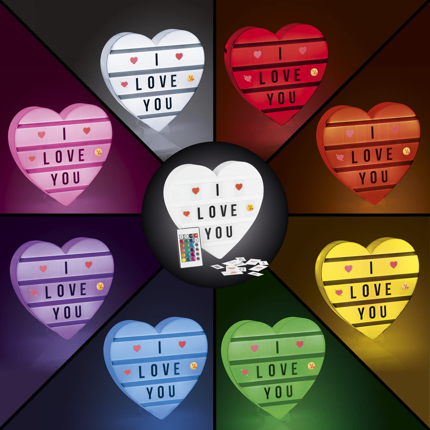 EASYmaxx Scatola luminosa a LED, per messaggi di testo personalizzati, set Mega con 150 emoji colorati e 173 lettere, numeri e simboli intercambiabili [cuore]