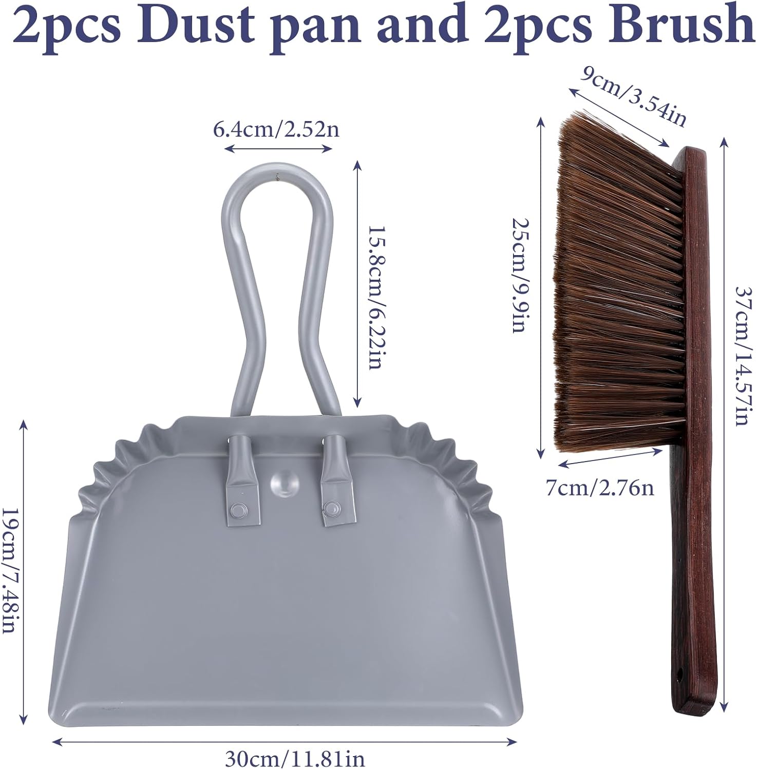 2pcs Metal Dustpan and Brush Set, 12In Extra Large Handheld Dust Pan and Wood Broom,Heavy-Duty Dust Pans Metal Edge Flat Against Floor for Patio/Pet/Car/Outdoor