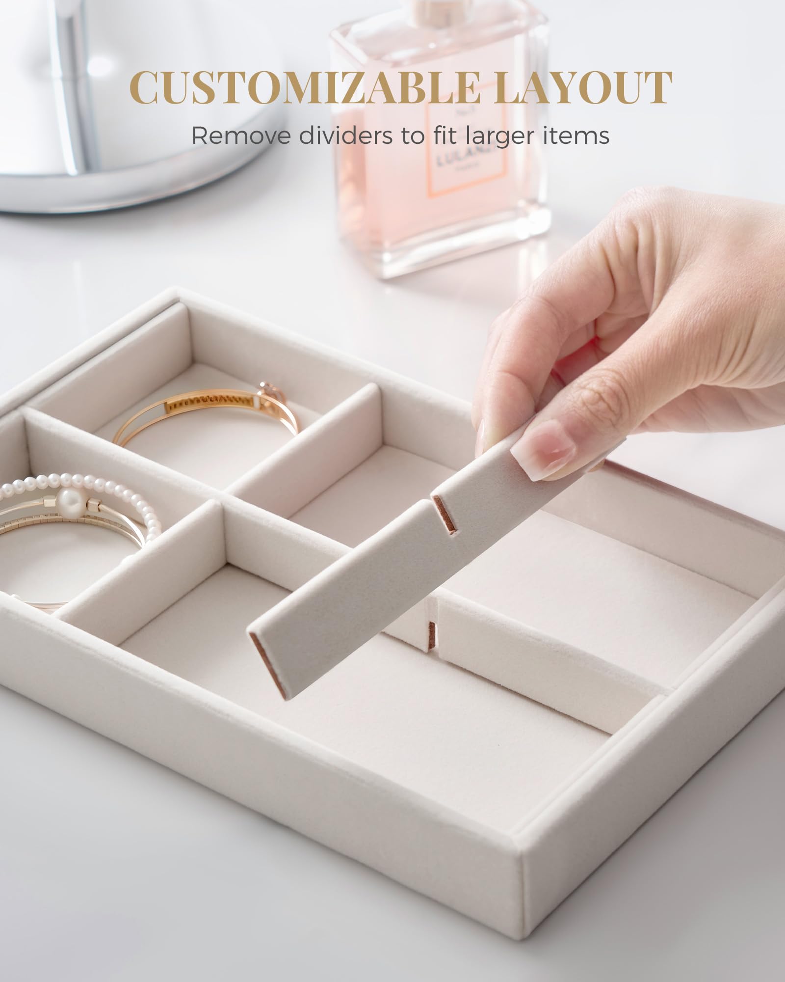Lolalet Insertos para Cajón de Joyas, Bandejas Apilables de Terciopelo, Juego de Organizadores y Expositores para Collares, Pulseras, Aretes, Anillos, Cadenas, Brazaletes, Relojes - Beige, Juego de 4 — view 6