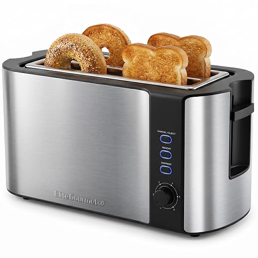 Elite Gourmet ECT-3100 4-Slice Long Slot Toaster | Extra Wide Slots for Bagels, Sourdough & Texas Toast | 6 Browning Settings | Reheat, Defrost & Cancel | Built-In Warming Rack | Stainless Steel