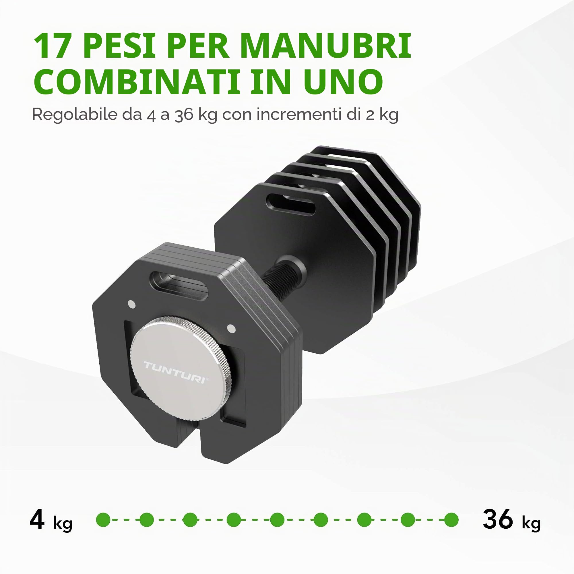 Tunturi Rapid Manubri corti regolabili, set singolo da 36 kg, regolabile da 4 a 36 kg, 17 manubri in uno, set di pesi per la palestra a casa