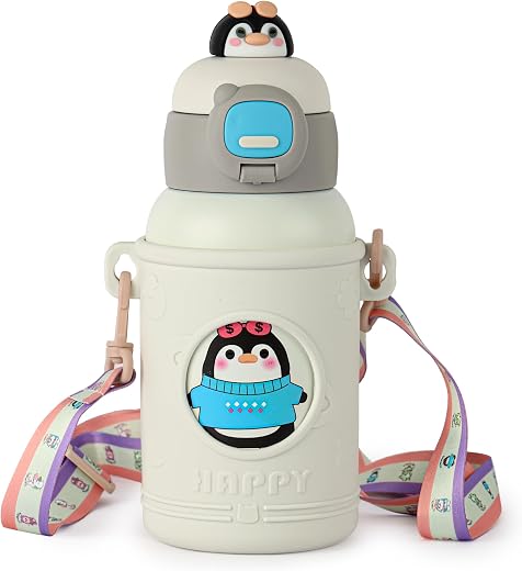 CELLO Kidzbee Babylop Insulated Stainless Steel Flask 500 ml Grey | Vacuum Insulated Hot &amp; Cold, Easy Press Open Leakproof...