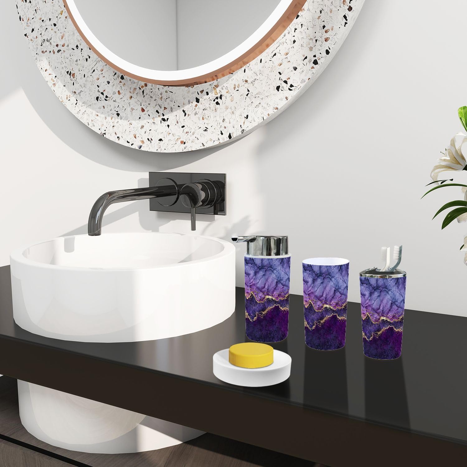 Bathroom Accessory Set 6 Piece Boho Abstract marbling Purple Marble Golden Veins Fake Painted Trash Can, Toothbrush Holder, Soap Dispenser, Soap Dish, Toothbrush Cup, Toilet Brush Holder