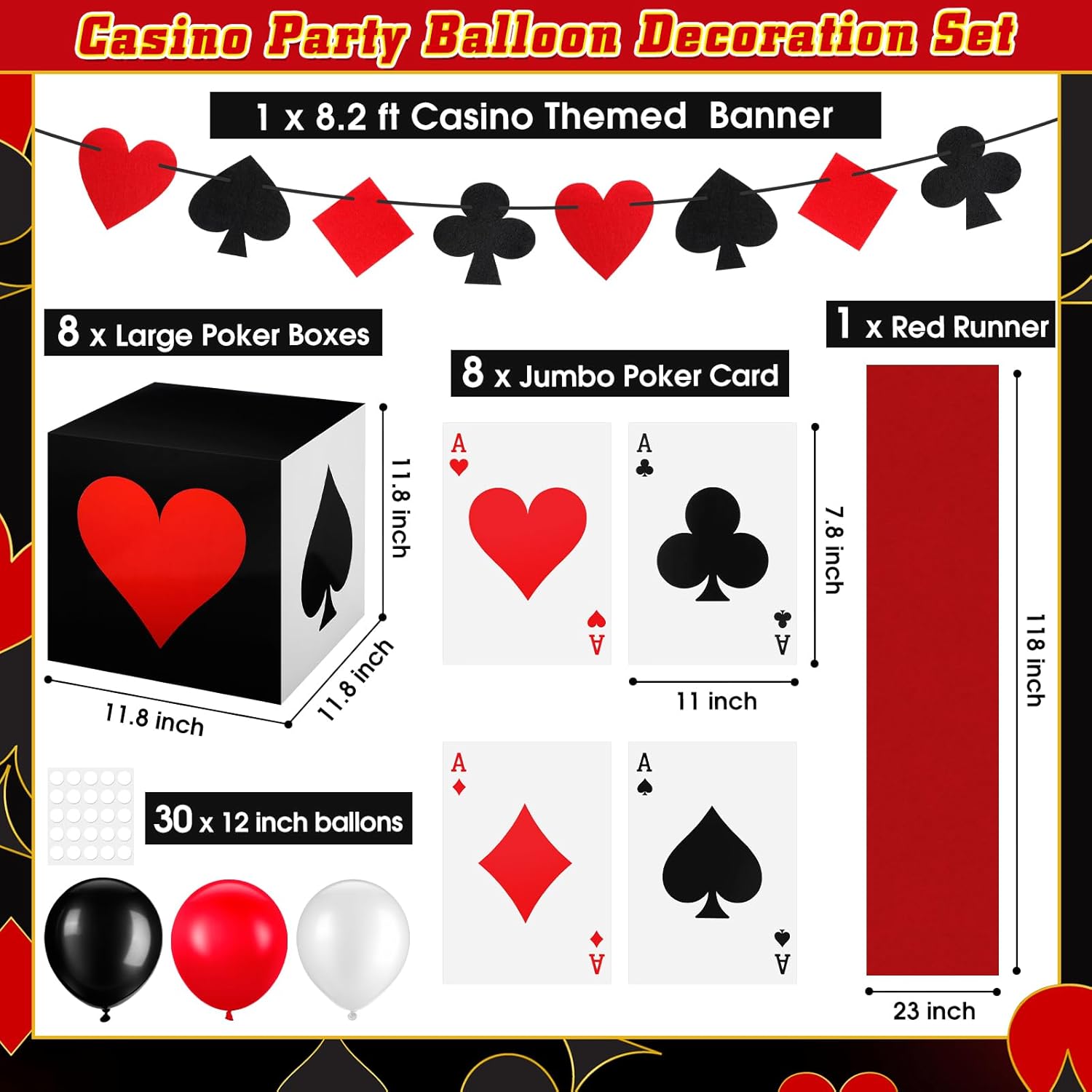 Zhanmai 52 Pcs Casino Themed Decorations Set Las Vegas Game Night Entryway Door Party Decor 8 Pcs 12 Inch Large Poker Boxes 8 Jumbo Poker Cards 30 Pcs Balloon Aisle Runners for Birthday Celebration