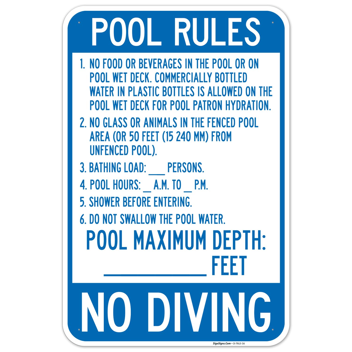 Pool Rules No Food Or Beverages in The Pool Or On Pool Wet Deck Commercially Florida Sign, 24x36 Inches, 0.63 Aluminum, Made in USA