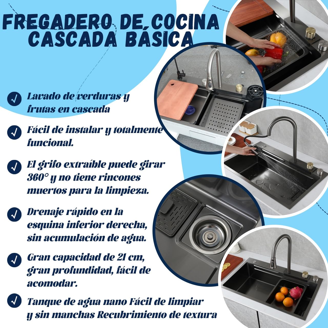 Negro con Cascada, grifo monomando LED de Acero inoxidable para lugar de Trabajo, Tabla de cortar móvil y fregadero con desagüe, Moderno multifuncional (Negro#01A, 70x50cm)