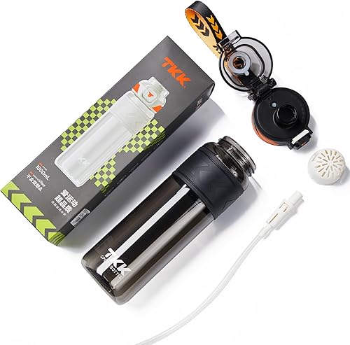 Miniatura 7 de TKK Botellas de agua deportivas con popote extraíble de 34 onzas, tapa superior abatible a prueba de fugas, sin BPA, botellas de Tritan con correa