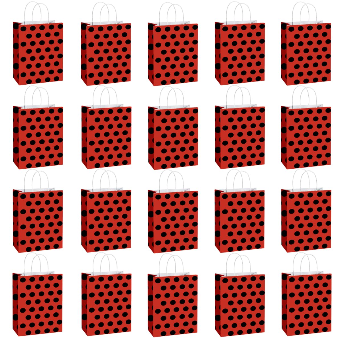 20 Packs Ladybird Gift Bags with Handles, 22x16x8 cm Polka Dot Gift Bags with Twist Handles for Kids or Adults in Birthday party, Weddings, Events or Shopping