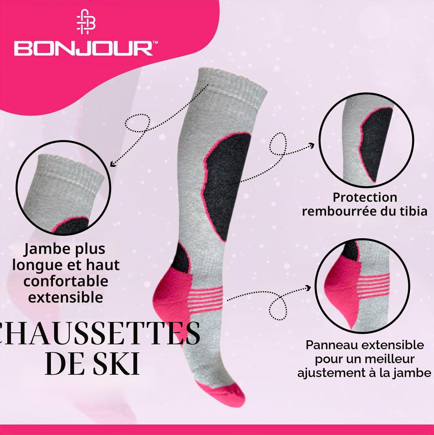 Bonjour 4 Pairs High Performance Ladies Ski Socks Long Hose Thermal Socks-Assorted-UK 4-7