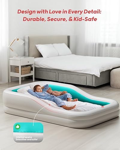 Miniatura 2 de QPAU Cama inflable de viaje para niños pequeños con parachoques de seguridad de 3 lados, colchón de aire extra grande para niños, incluye colchón