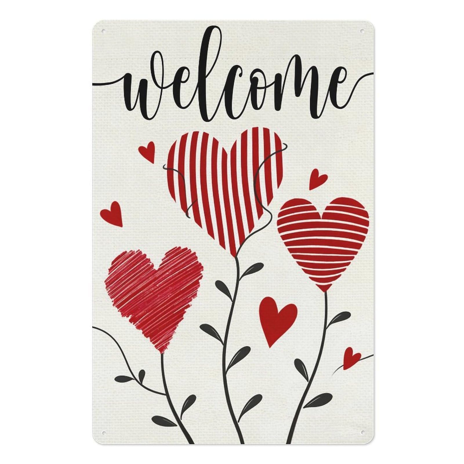 peiyeety Welcome Metal Tin Sign 8x12 Inch – Striped Heart Flower Wall Decor Wall Art Plaque for Valentine’s Day Vibrant Home Entry