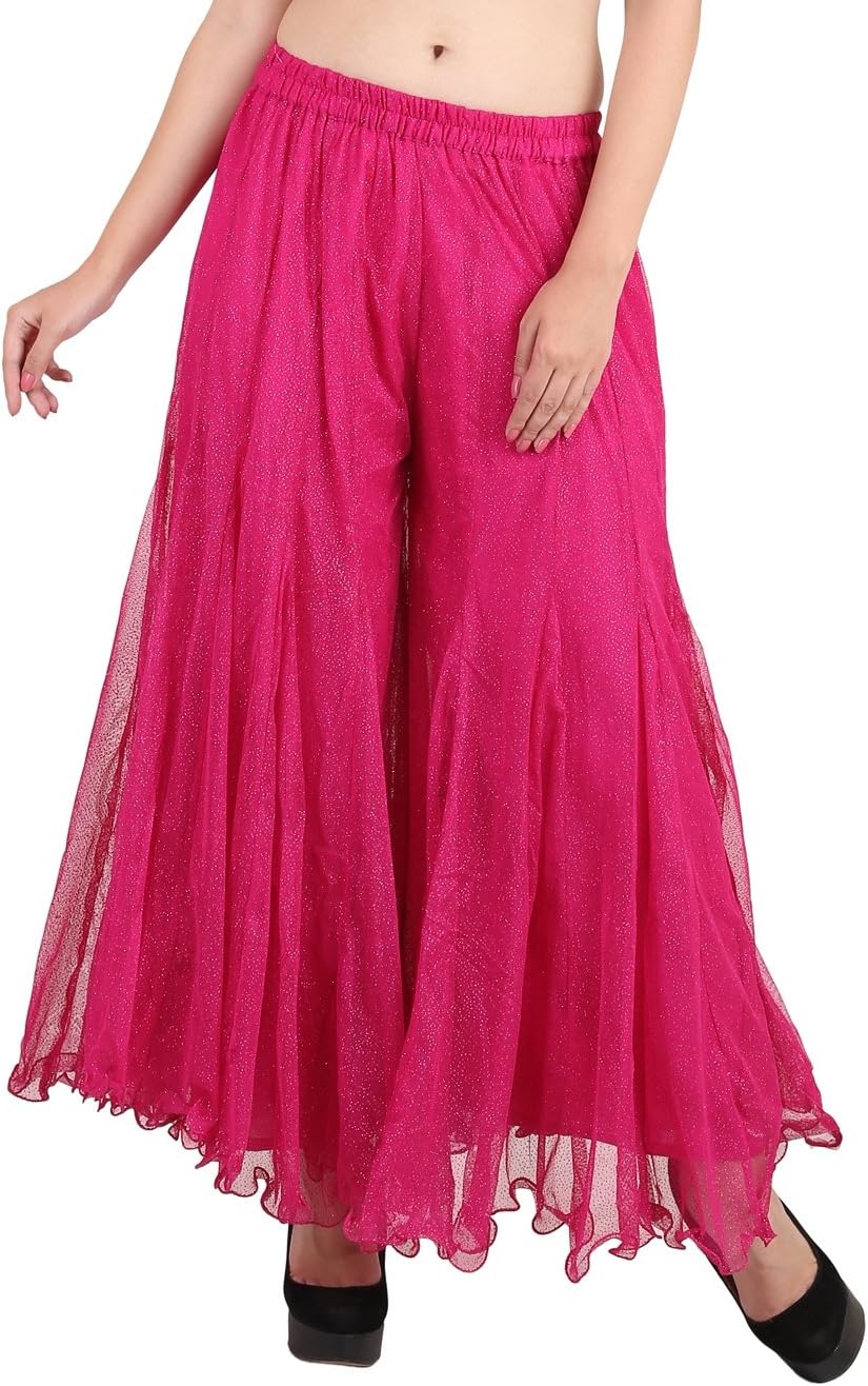 Shararat Women's Palazzo Pants Glitter Net Loose Wide Leg Sharara Trousers