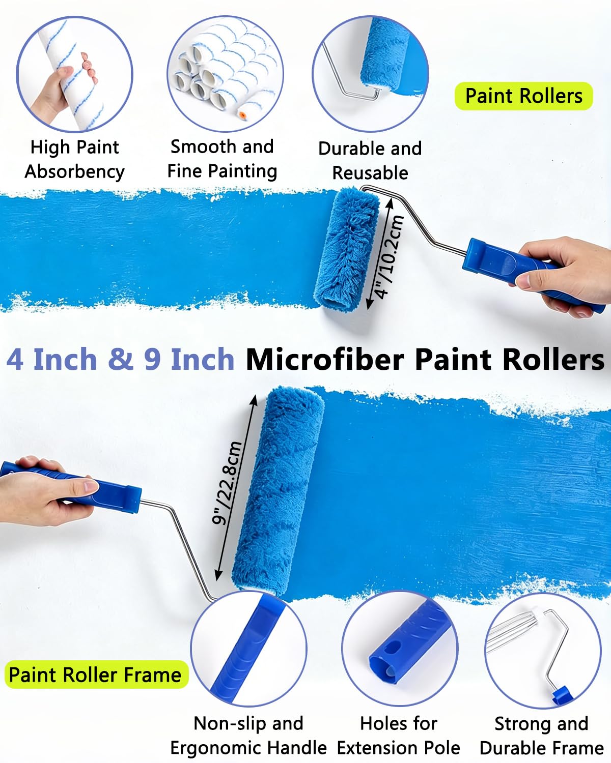 Set di 31 rulli da pittura con asta di estensione da 0,6 a 1,2 m, rulli da 22,9 cm e 10,2 cm e vassoi da 22,9 cm, per pareti e soffitti, kit professionale per pittura domestica con pennelli