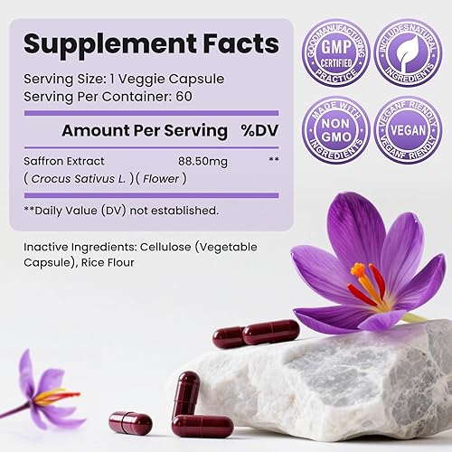 Miniatura 2 de Cápsulas de suplemento de azafrán  88.5 mg de extracto de azafrán puro para el equilibrio del estado de ánimo, estado de ánimo elevado, visión y