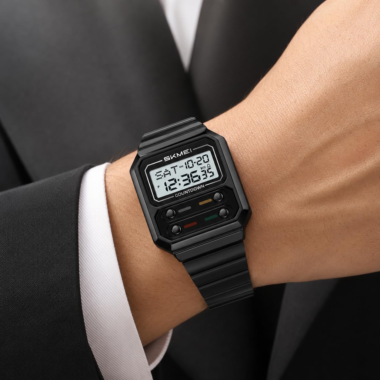 Gosasa Orologio digitale da uomo, stile retrò, quadrato, in acciaio inox