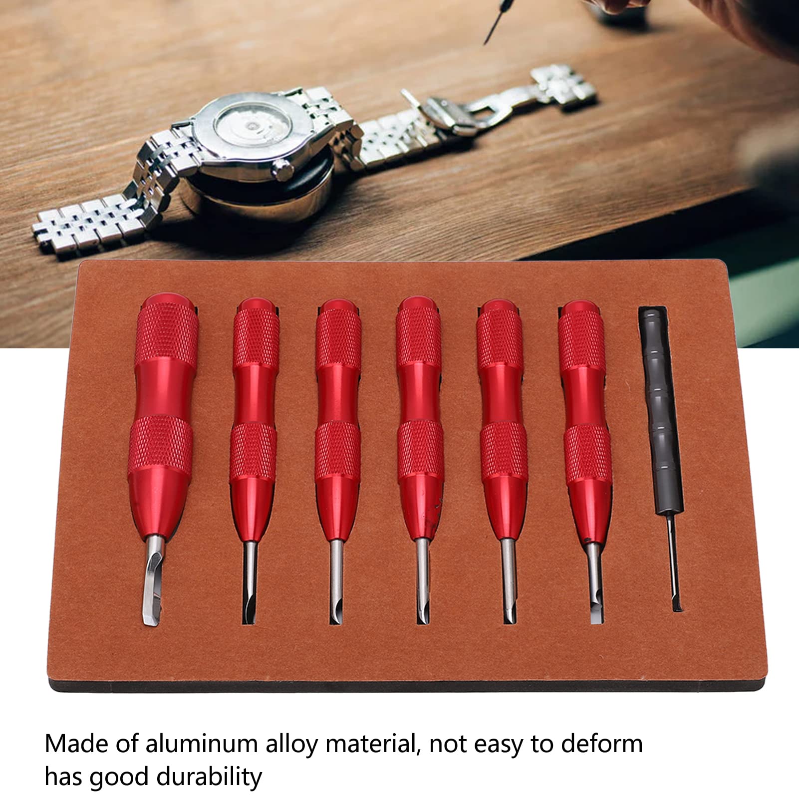 Juego de 7 herramientas para abrir tapa trasera de reloj, kit profesional de abridor de caja de reloj, removedor de caja trasera de aleación de aluminio con mango antideslizante, (Roja)