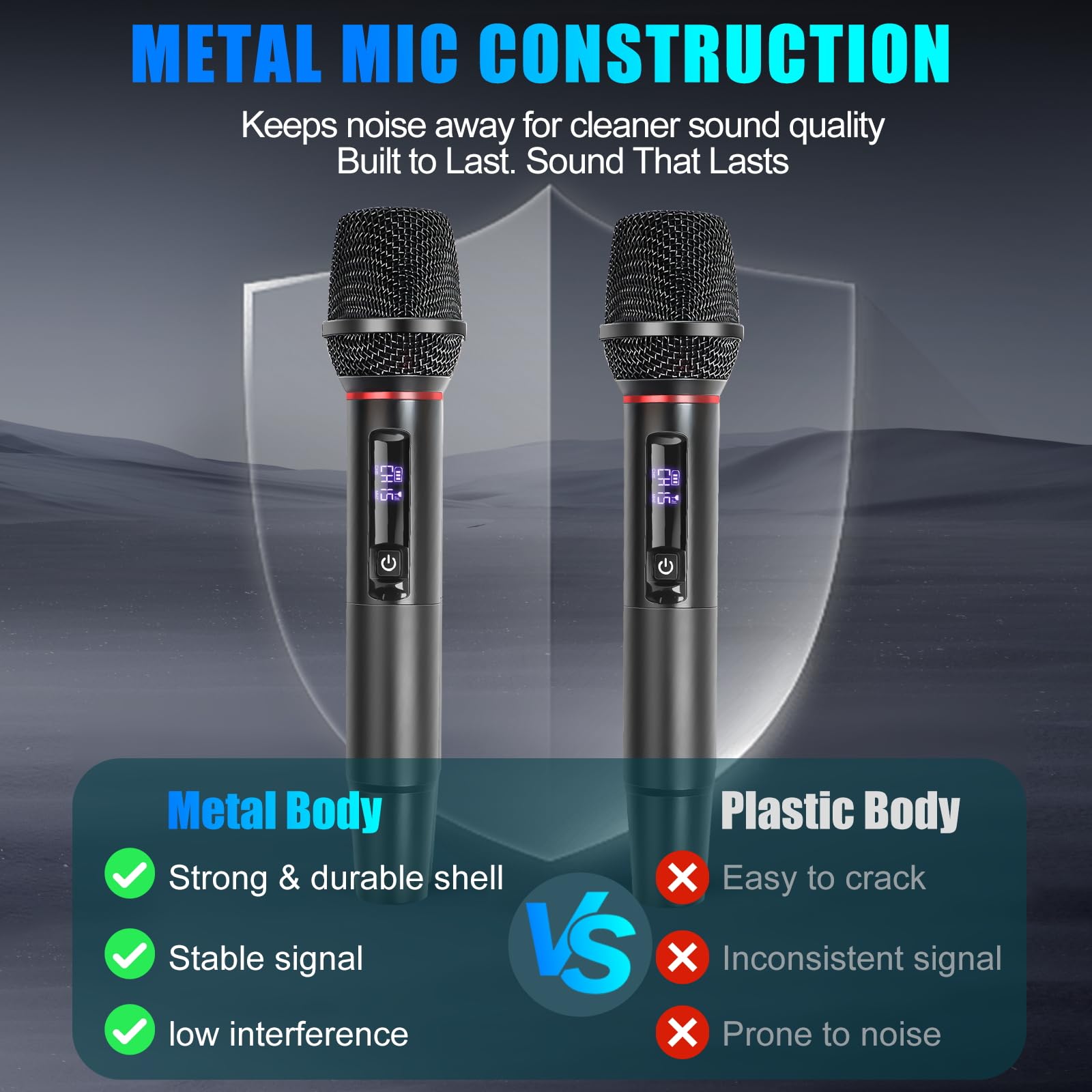 Bezprzewodowy system mikrofonowy do karaoke, podwójny metalowy bezprzewodowy mikrofon UHF z odbiornikiem ładowanym, do systemu PA, głośnika, imprezy, DJ, ślubu, kościoła (czarny)