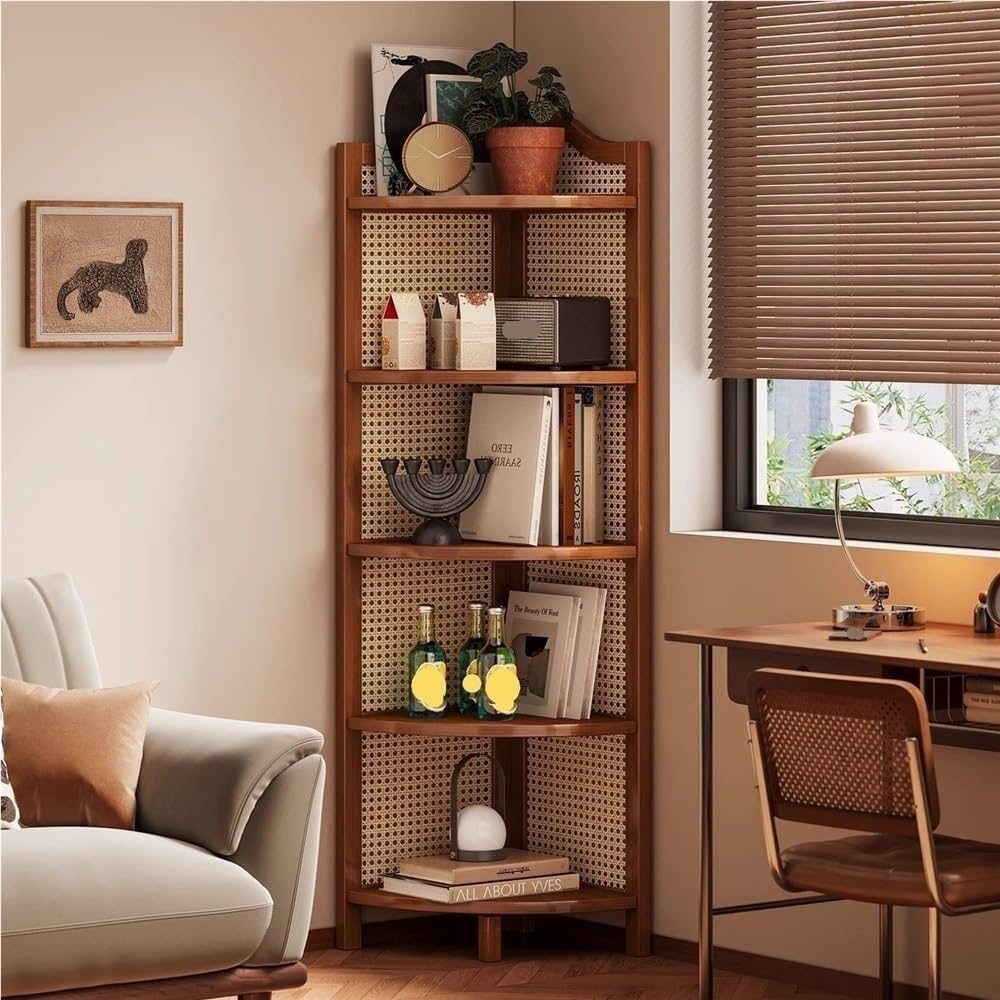 5-Tier Rattan Corner Shelf - Narrow Freestanding Wood Display Unit with Open Shelves & Recessed Triangular Base - Ideal for Space-Saving Storage & Home Decor