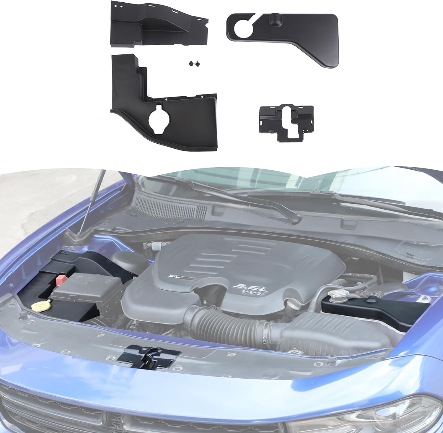 RT-TCZ Engine Wire Dust Cover Coolant Tank Cover Windshield Washer Tank Cover Engine Hood Lock Cover Trim 4PCS Kit Accessories for Dodge Charger 2011-2024 (Black)