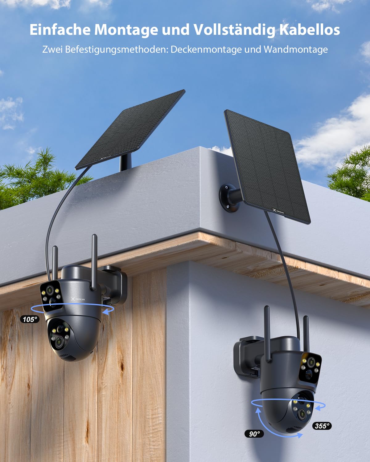 COCOCAM 2K Dual Objektiv Überwachungskamera Aussen WLAN Solar | 10000mAh Akku, 6W Solarpanel, Duale PIR und KI-Personenerkennung, Farb-Nachtsicht, 355°P 90° T, IP66, 2.4GHz WLAN