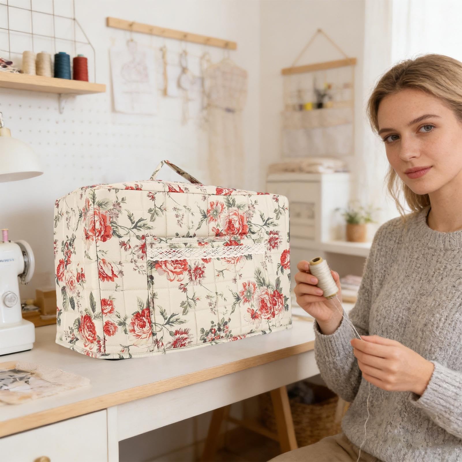 de máquina de coser, de boho para sobredescargadora con protección de máquina de coser doméstica, para viajes interiores y exteriores, taller, casa y estudio, B, Se référer à la