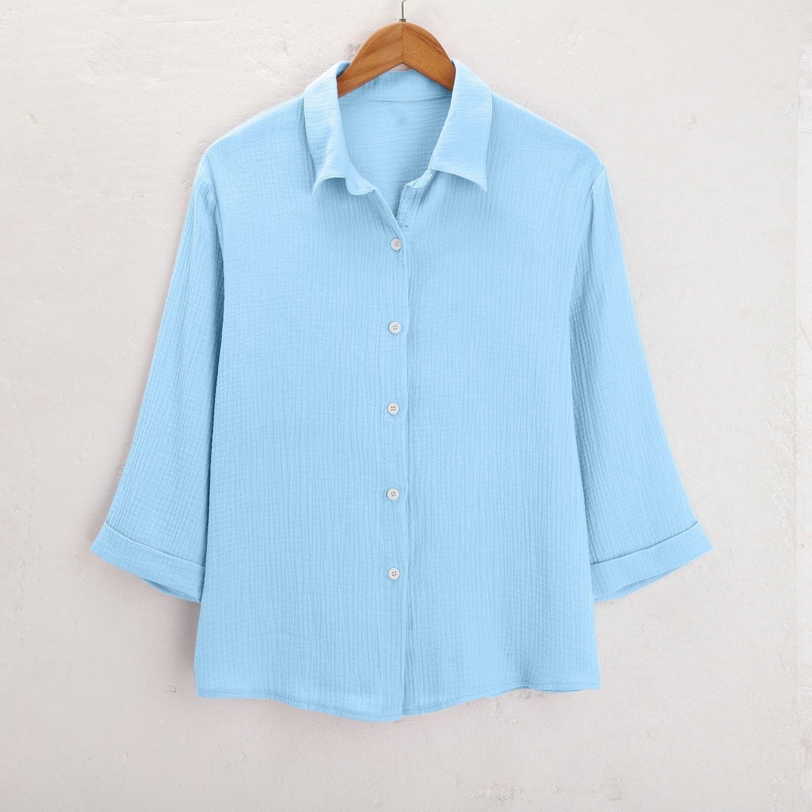 Camicetta da donna in mussola con maniche a 3/4, in cotone e lino, estiva | Maglietta per il tempo libero, casual, con bottoni, classica, estiva, leggermente ariosa