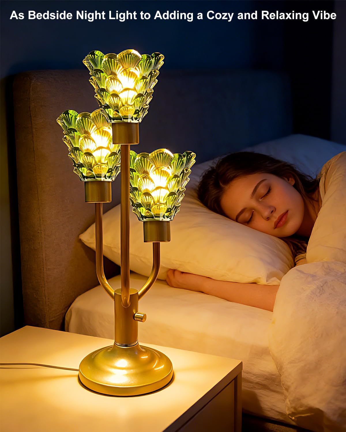 Glass Table Lamp Dimmable Mid Century Modern 3-Light Gold Desk Lamp with Green Glass Shade& Bulb Included 3000K Warmwhite Nightstand Bedside Lamp for Bedroom Living Room End Table