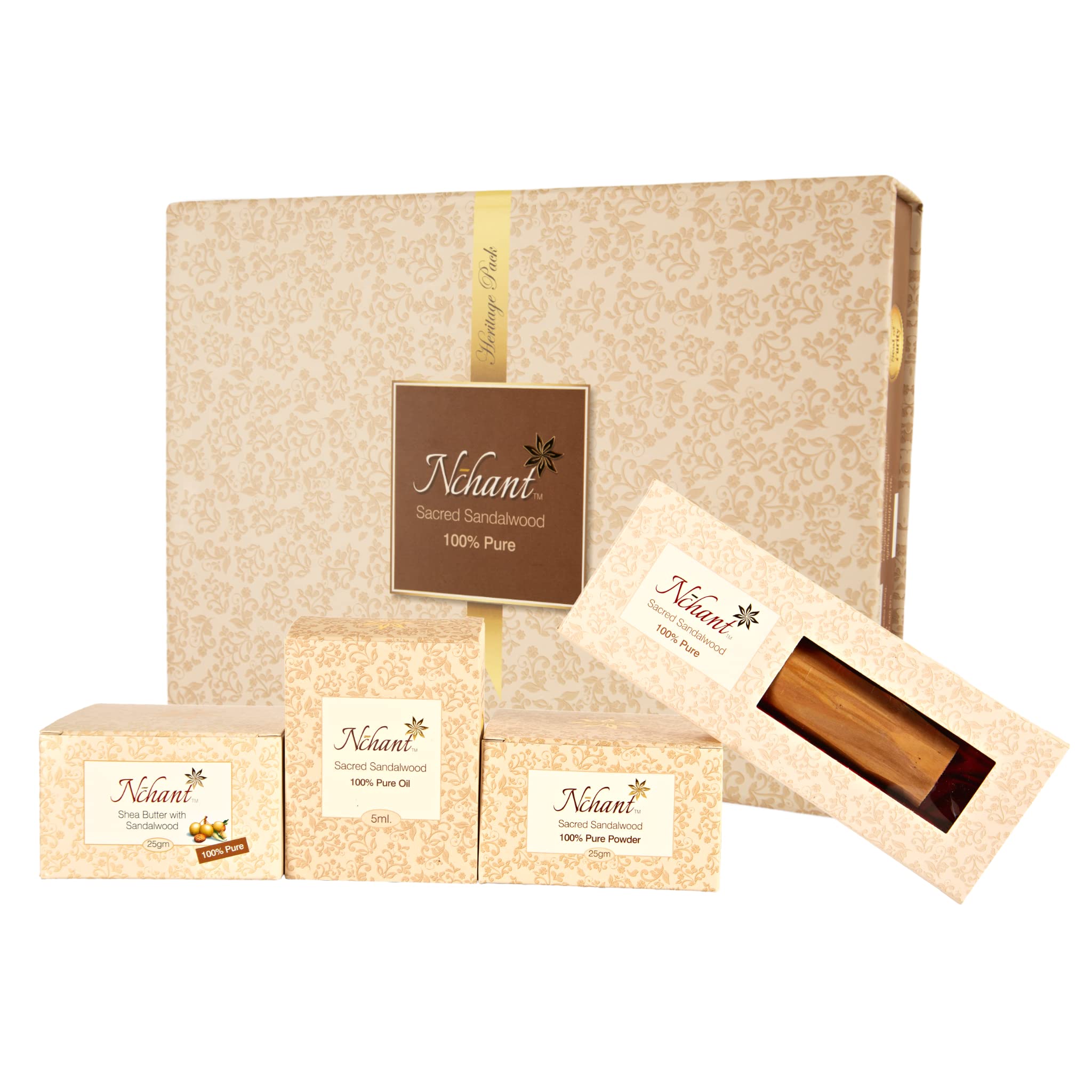 Nchant Heritage 100% Pure & Authentic Sandalwood Oil, Sandalwood Powder, Sandalwood Log Stick, Sandalwood Shea Butter Pack of 4 - Ideal for Gifting - Box of Natural Goodness-image-24